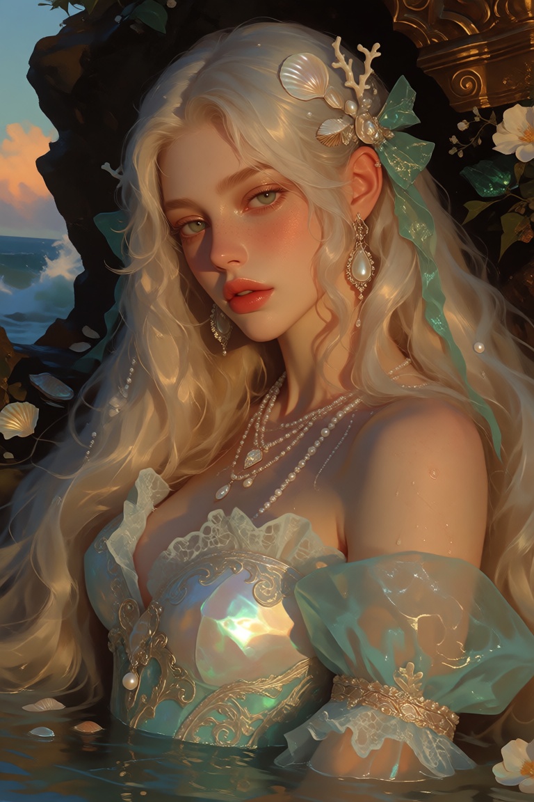 a polished half-body digital illustration of an extraordinarily beautiful siren rendered in an ultra-detailed pseudo-reali...