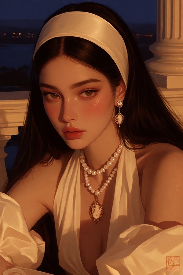 a polished semi close-up digital illustration of a beautiful woman rendered in a pseudo-realistic portrait art style. She...