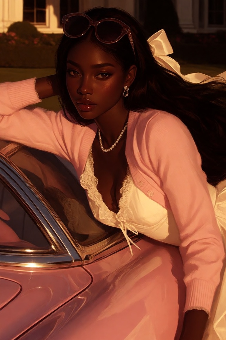 a polished half-body digital illustration of a gorgeous Black woman rendered in a pseudo-realistic portrait art style. She...