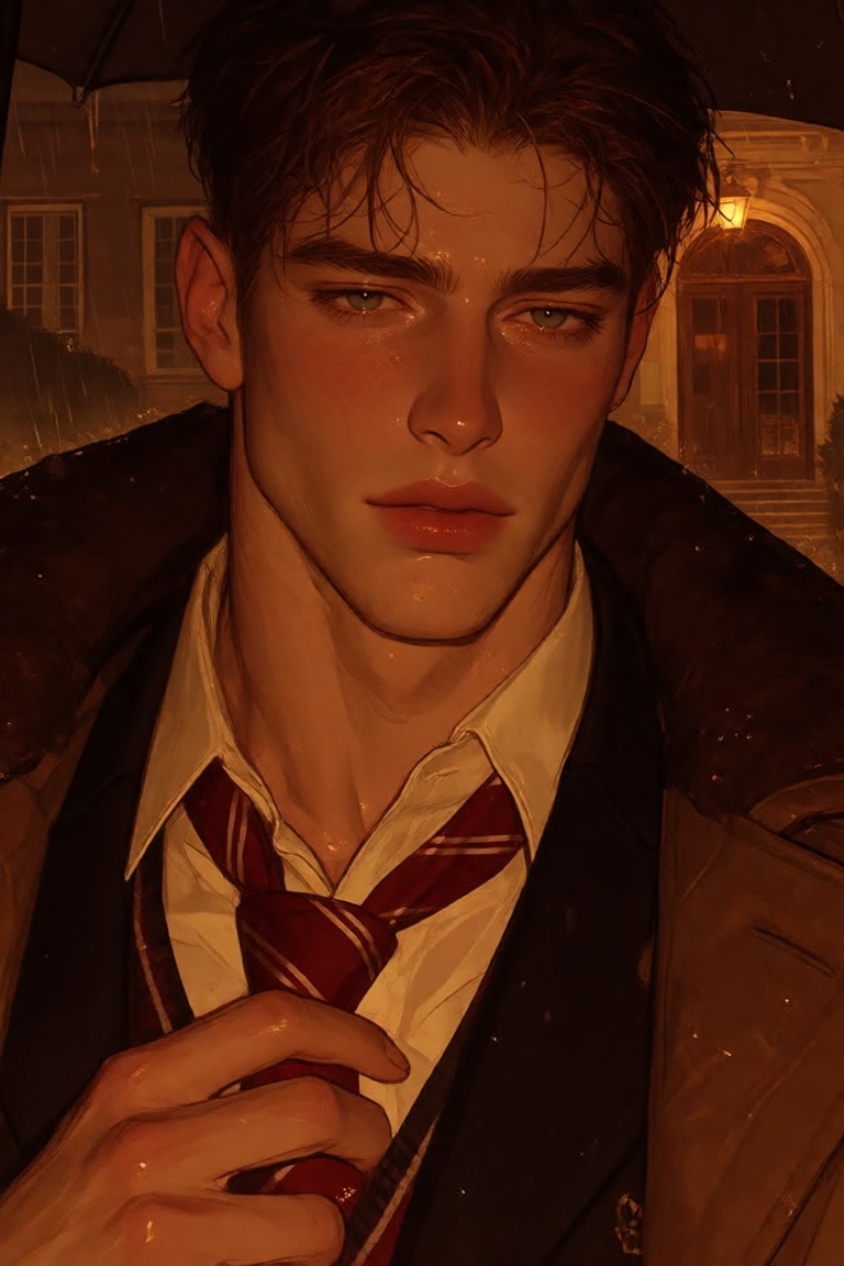 a polished semi-close-up digital illustration of an extraordinarily handsome university golden boy rendered in a pseudo-re...