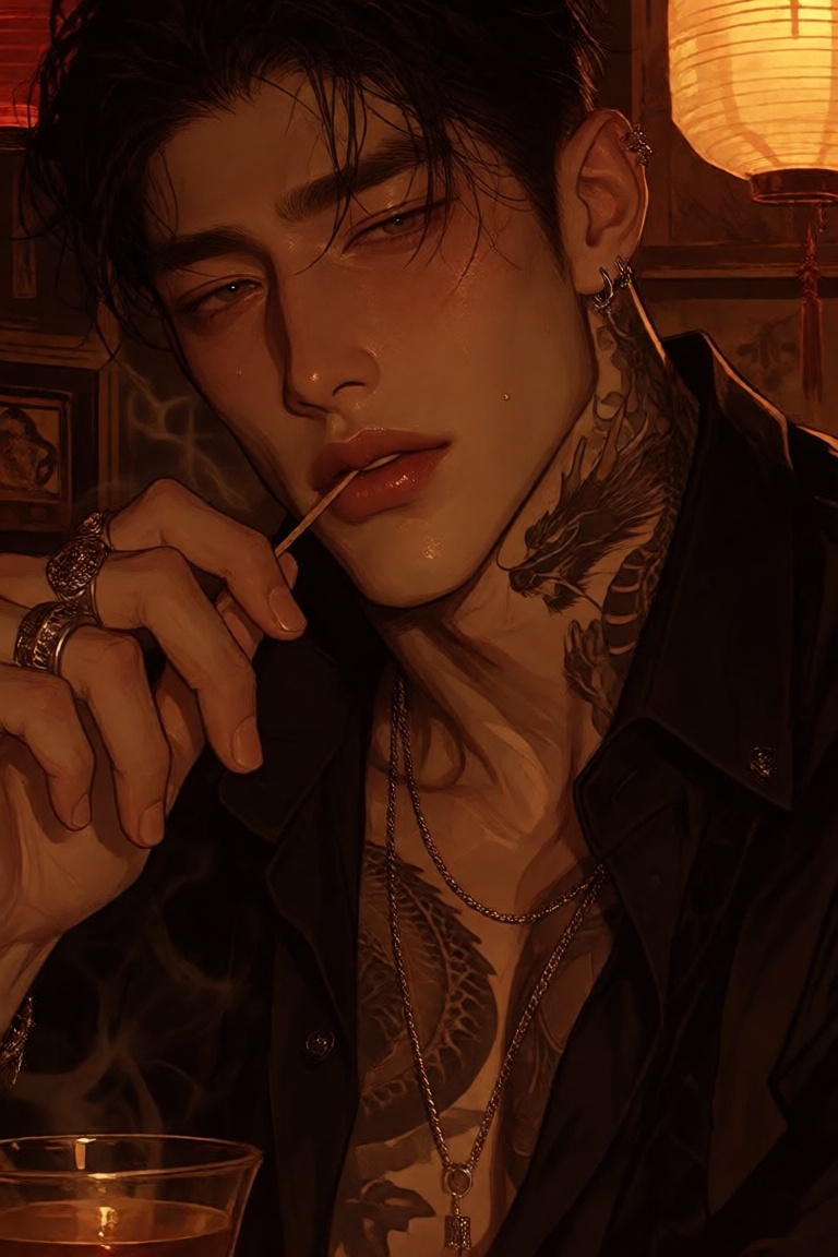 a polished semi-close-up digital illustration of an extraordinarily handsome yakuza underboss rendered in a pseudo-realist...