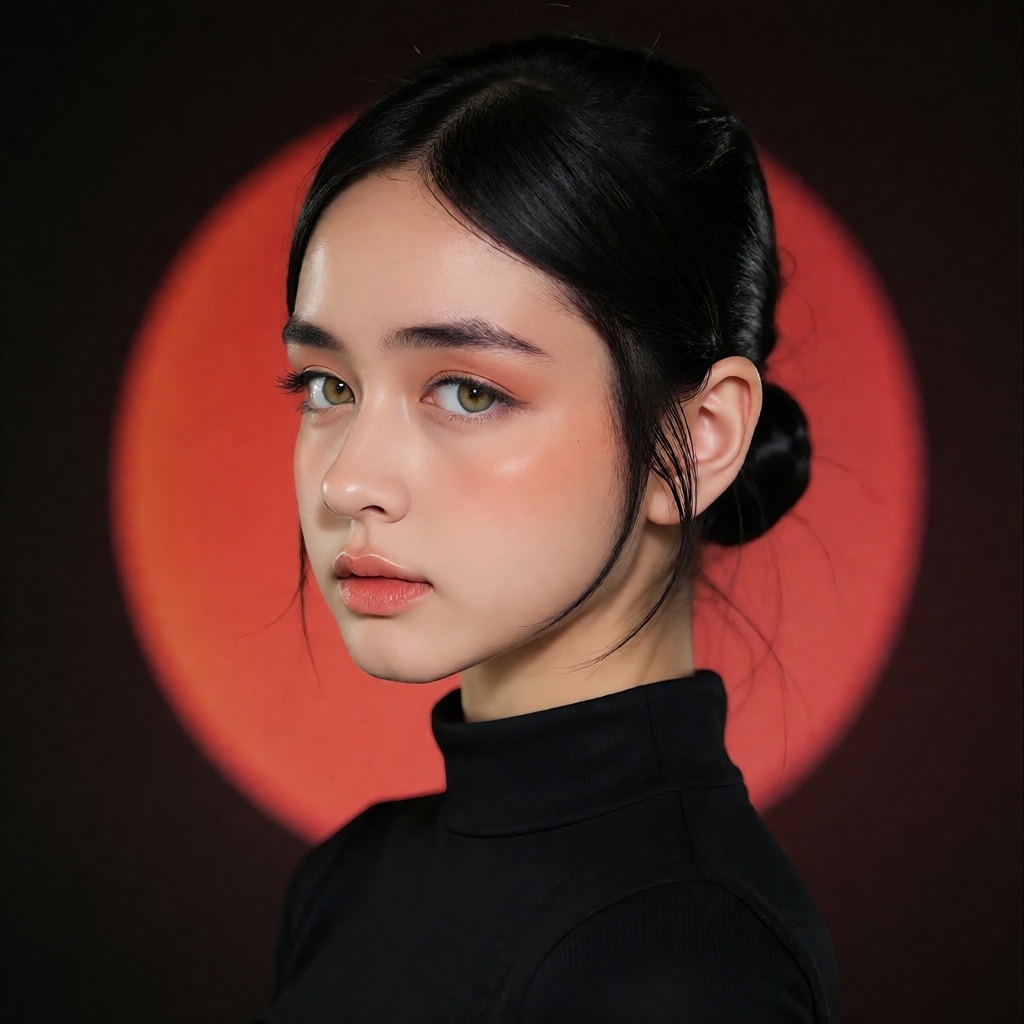 Create a photorealistic studio portrait of a woman shown in a clean left-facing side profile with sleek jet-black hair nea...