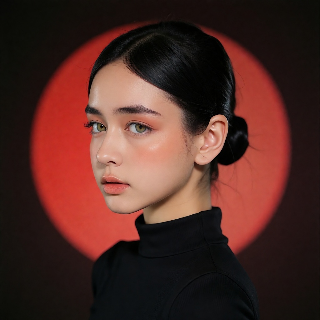 Create a photorealistic studio portrait of a woman shown in a clean left-facing side profile with sleek jet-black hair nea...