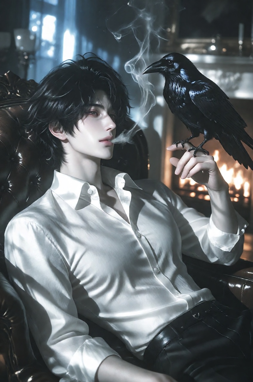 An elegantly composed portrait captures a young man exuding a quiet,  gothic sophistication as he reclines in a dimly lit...