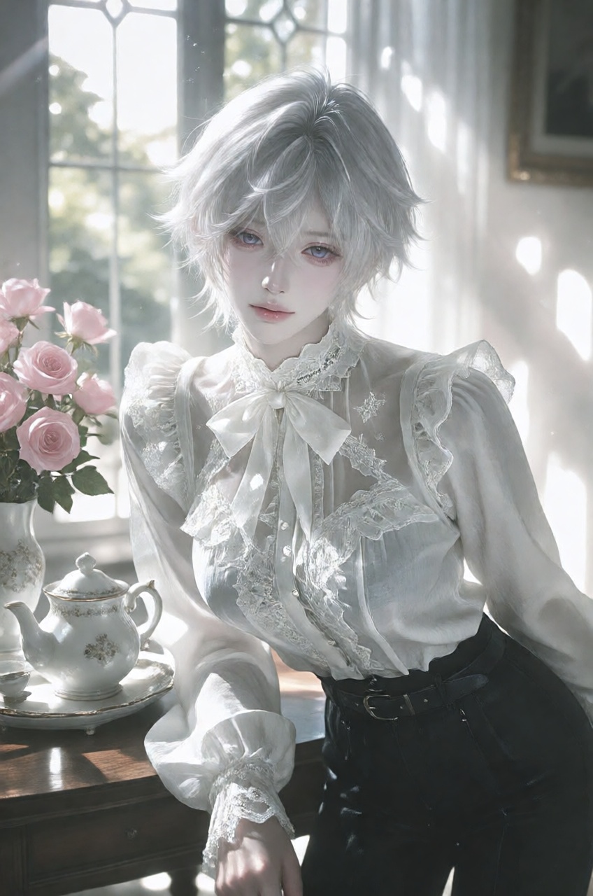 A striking,  ethereal young person with short,  feathery white hair and pale violet eyes leaning forward against a brightl...