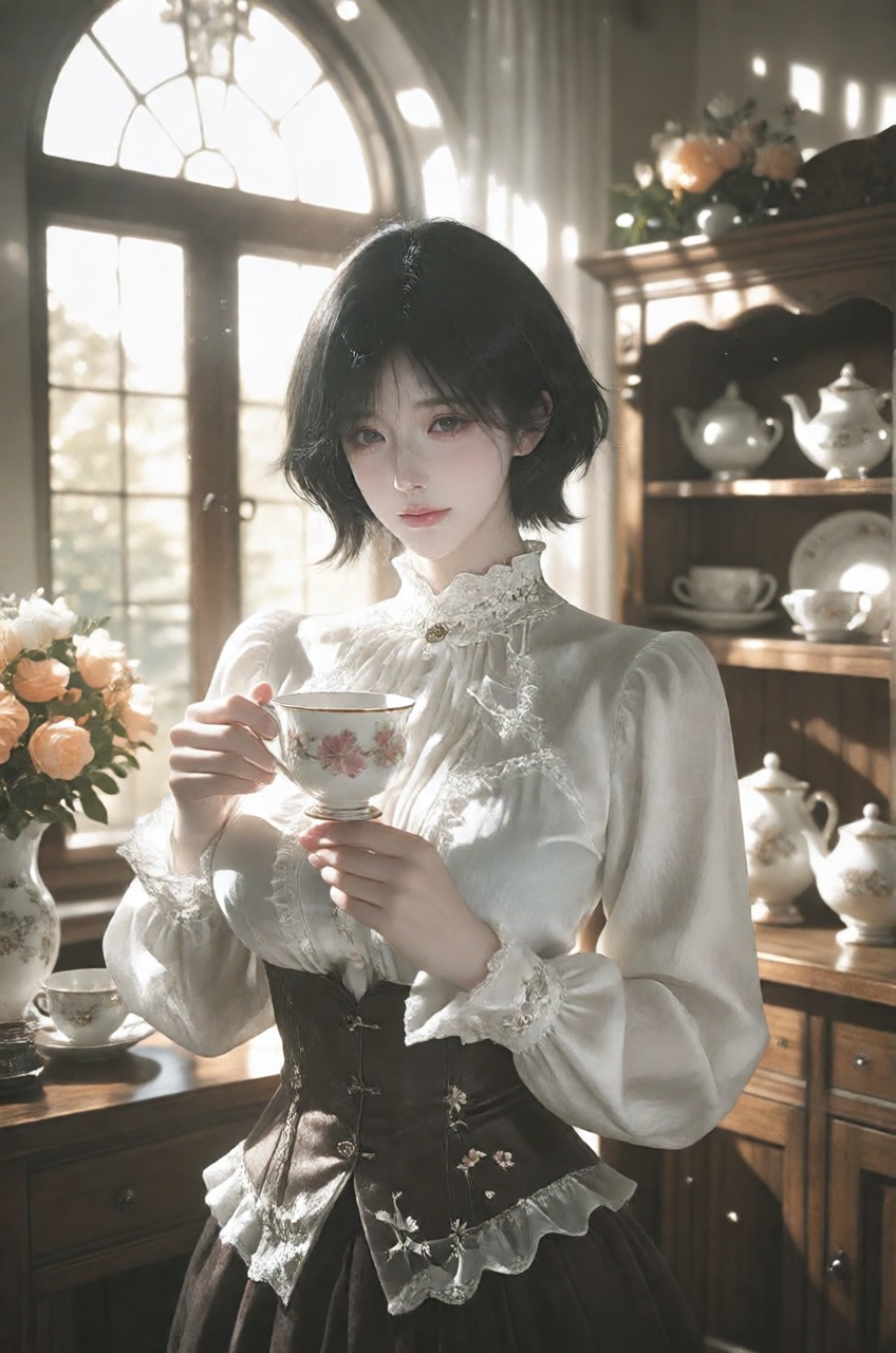 A elegant young woman with short black hair standing gracefully indoors near a large arched window that fills the room wit...