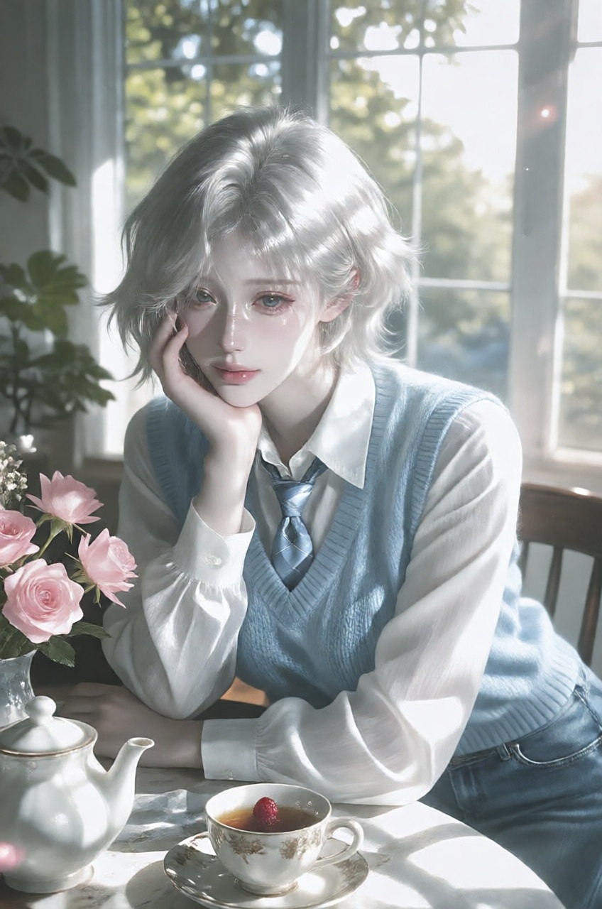 A woman with short messy platinum hair and delicate facial features sits thoughtfully at a table,  gently resting her chee...
