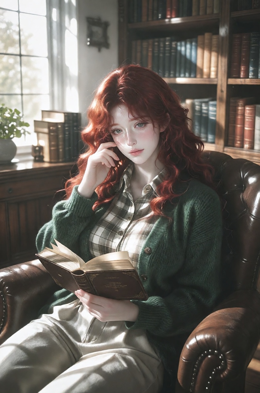 A young woman with wavy,  voluminous red hair seated comfortably in a brown leather armchair,  holding an open hardcover b...
