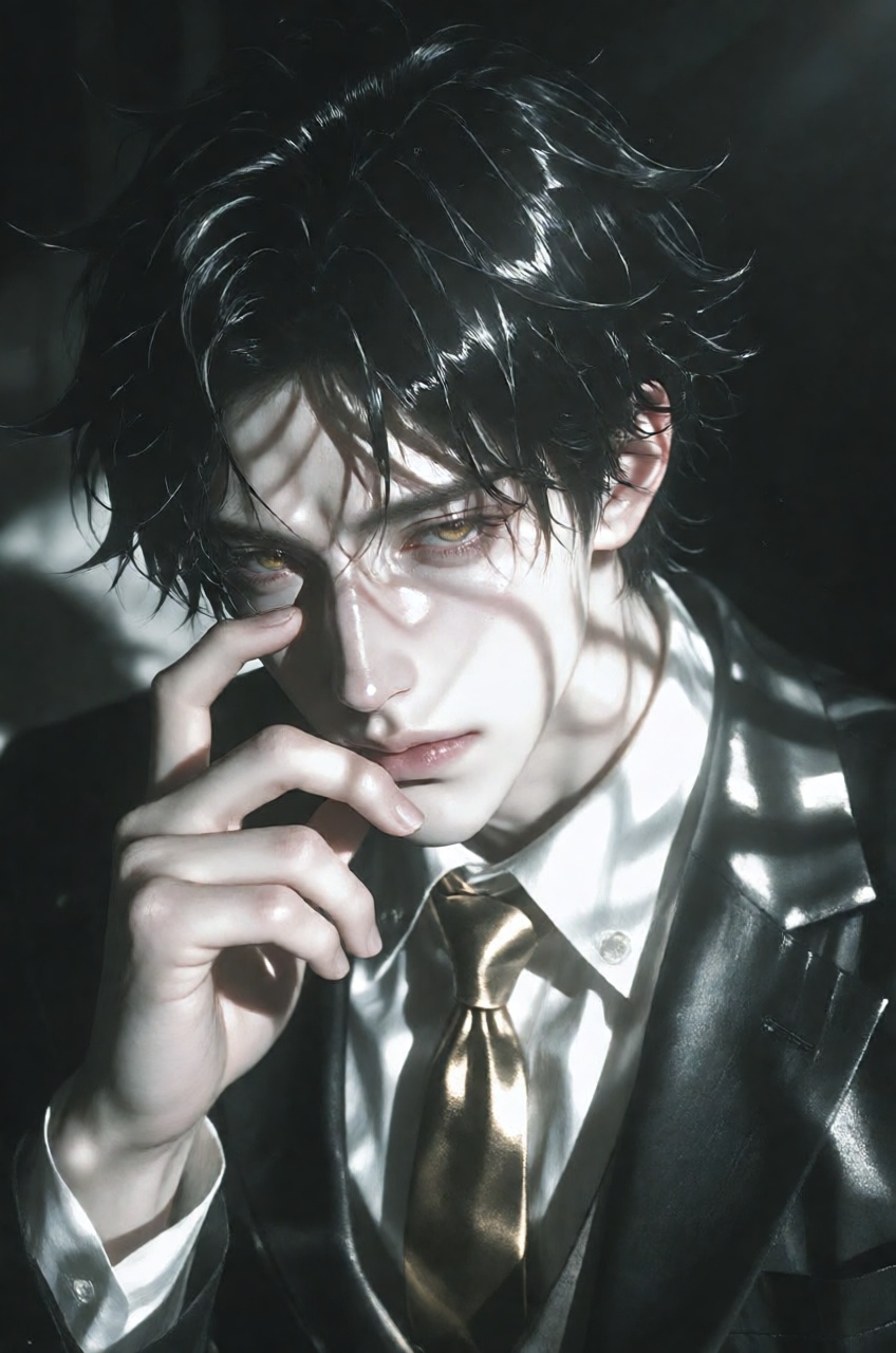 a striking man with ethereal,  amber-colored eyes that pierce through a veil of mystery,  his skin rendered with a porcela...