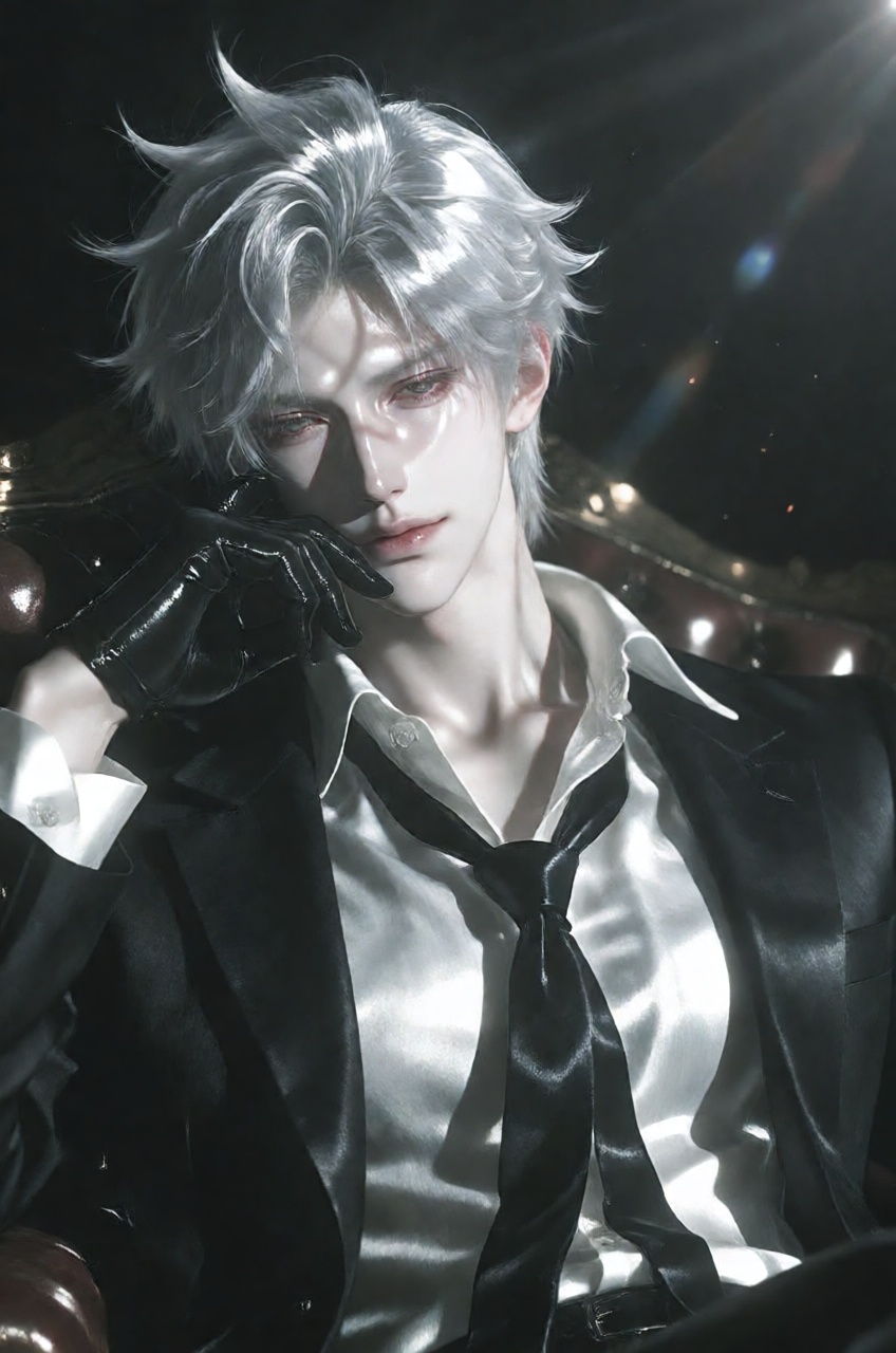 Exuding a cold,  aristocratic magnetism,  the silver-haired subject is captured in an extreme head close-up that magnifies...