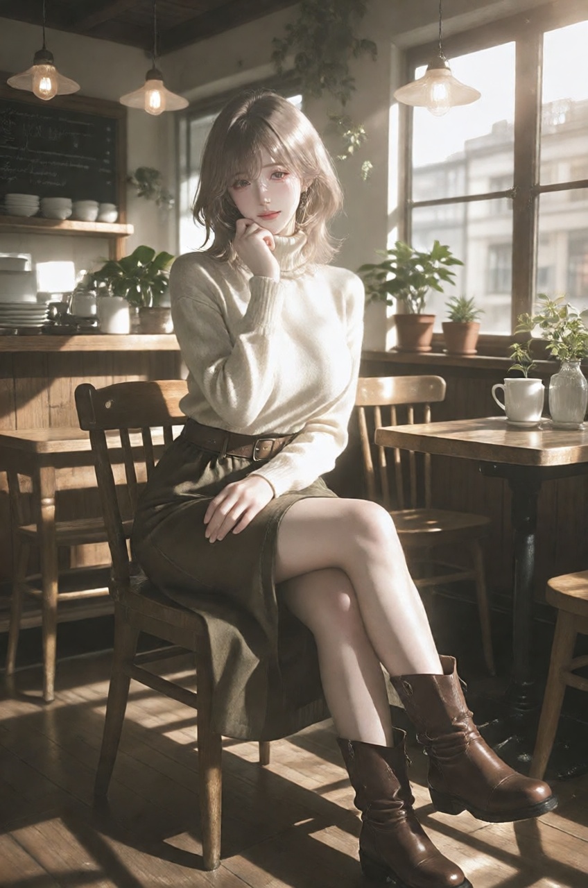 A woman with shoulder length light brown hair and soft bangs sits gracefully on a wooden chair,  lightly resting her chin...