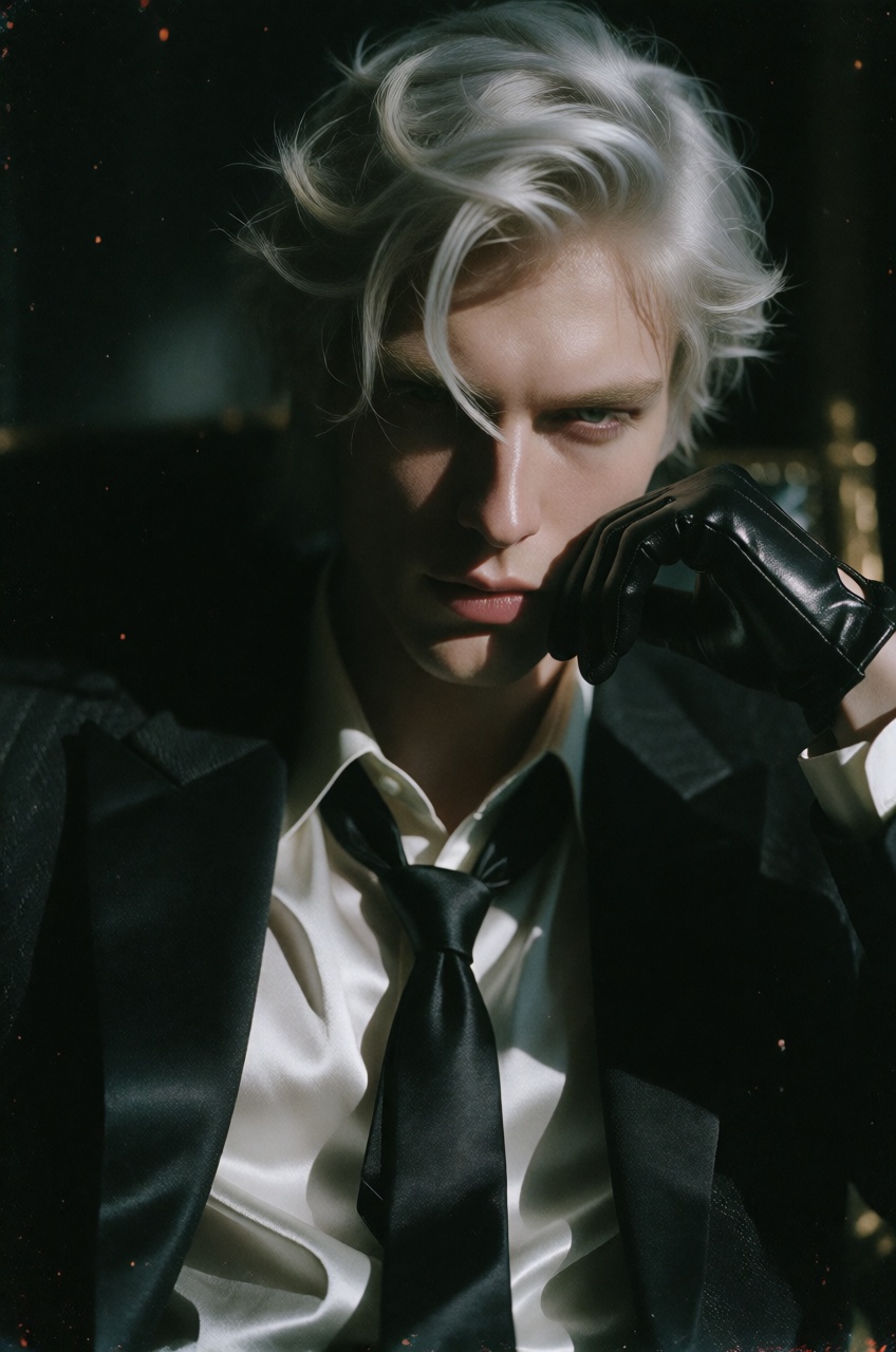 Exuding a cold,  aristocratic magnetism,  the silver-haired subject is captured in an extreme head close-up that magnifies...