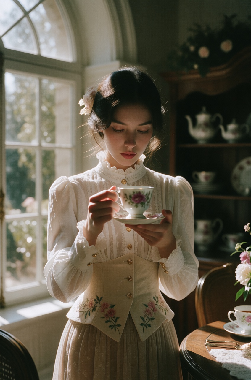 A elegant young woman with short black hair standing gracefully indoors near a large arched window that fills the room wit...