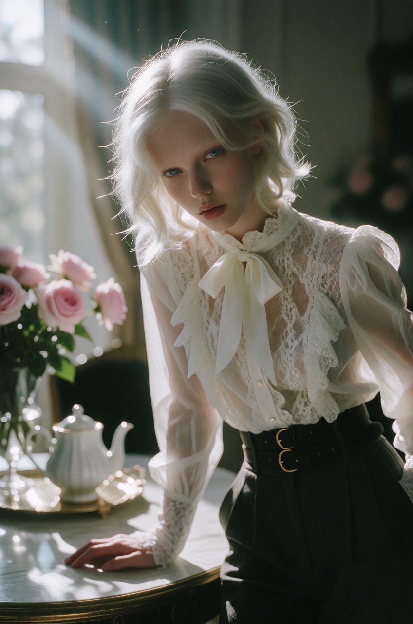 A striking,  ethereal young person with short,  feathery white hair and pale violet eyes leaning forward against a brightl...
