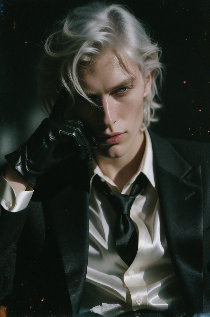 Exuding a cold,  aristocratic magnetism,  the silver-haired subject is captured in an extreme head close-up that magnifies...