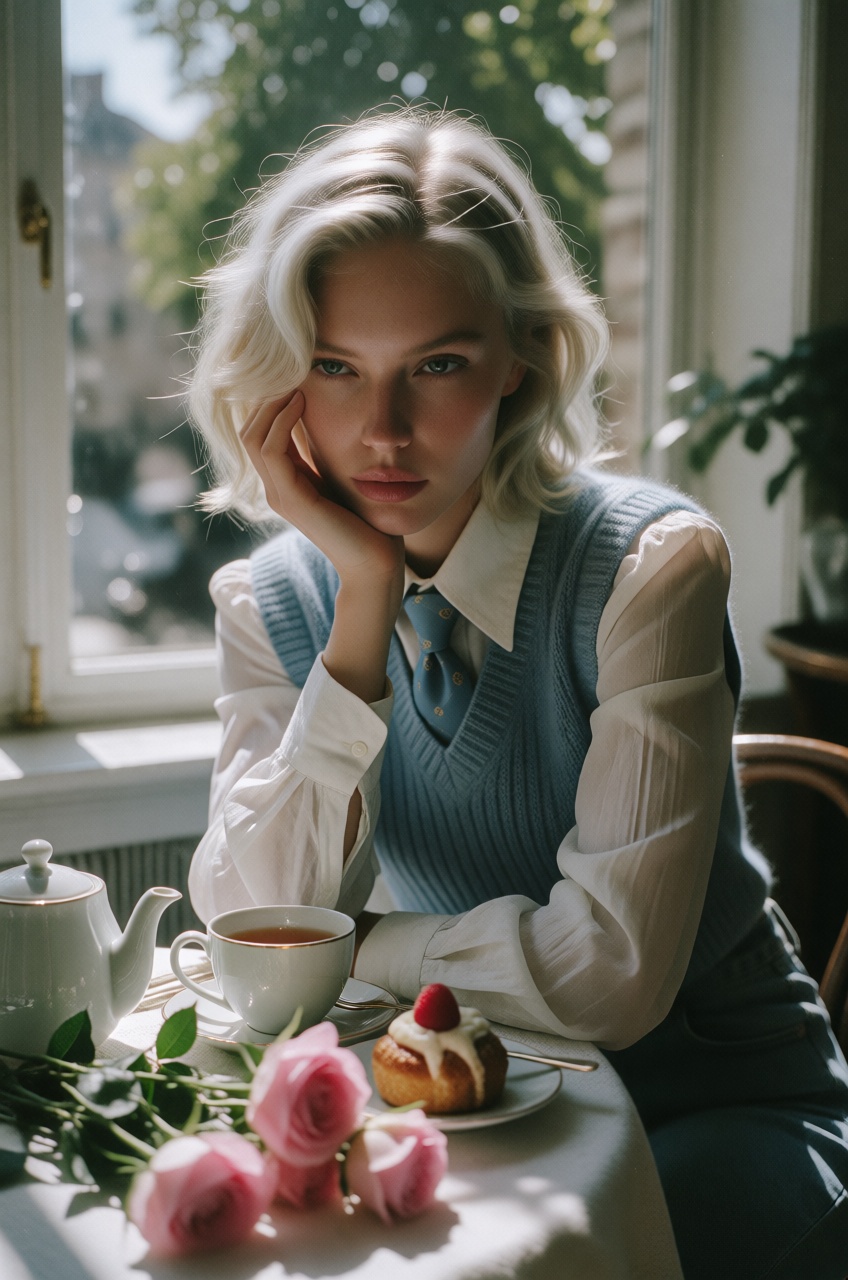 A woman with short messy platinum hair and delicate facial features sits thoughtfully at a table,  gently resting her chee...