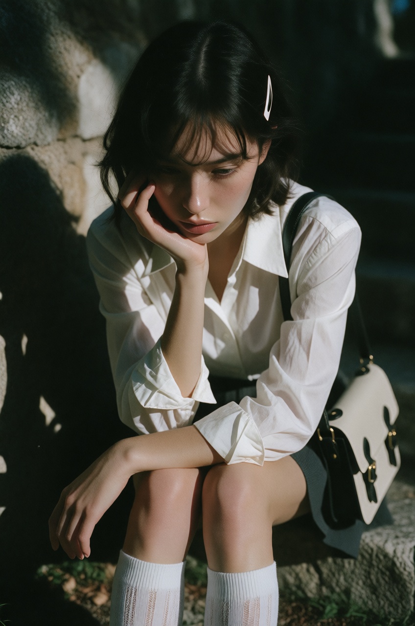 An ethereal,  high-fashion portrait captures a young woman in a pensive moment,  her jet-black hair styled in a short on T...