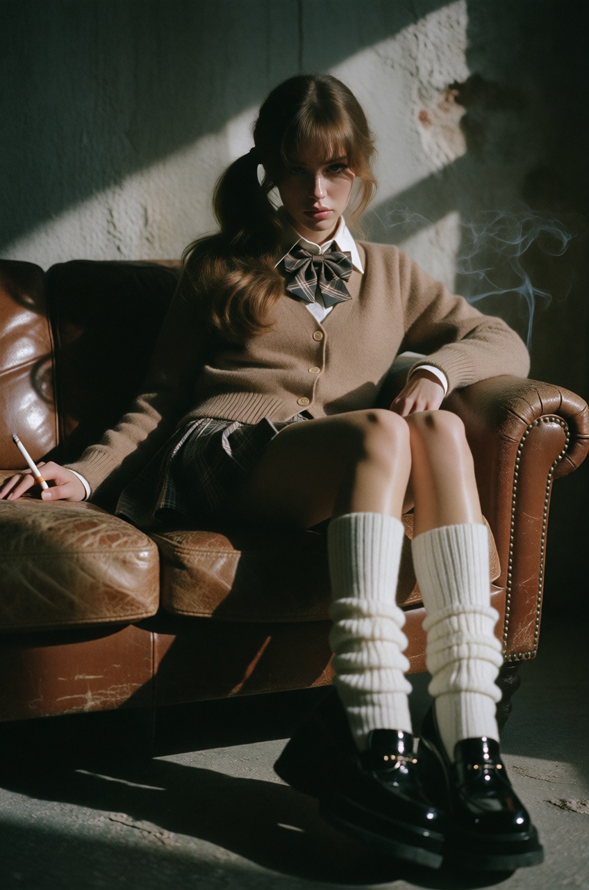 A high-end editorial film photograph captures a young woman sitting on a weathered,  tan leather couch in a dimly lit,  gr...