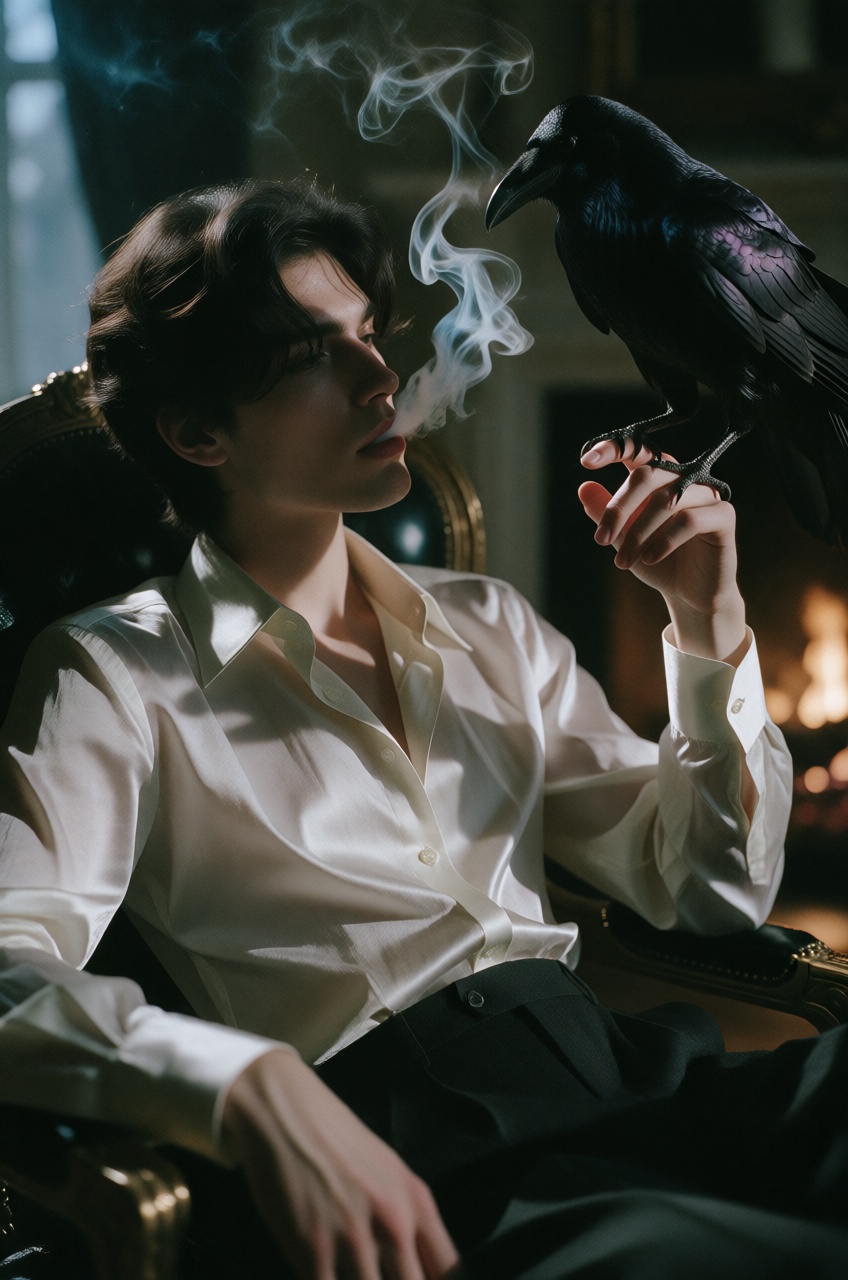 An elegantly composed portrait captures a young man exuding a quiet,  gothic sophistication as he reclines in a dimly lit...
