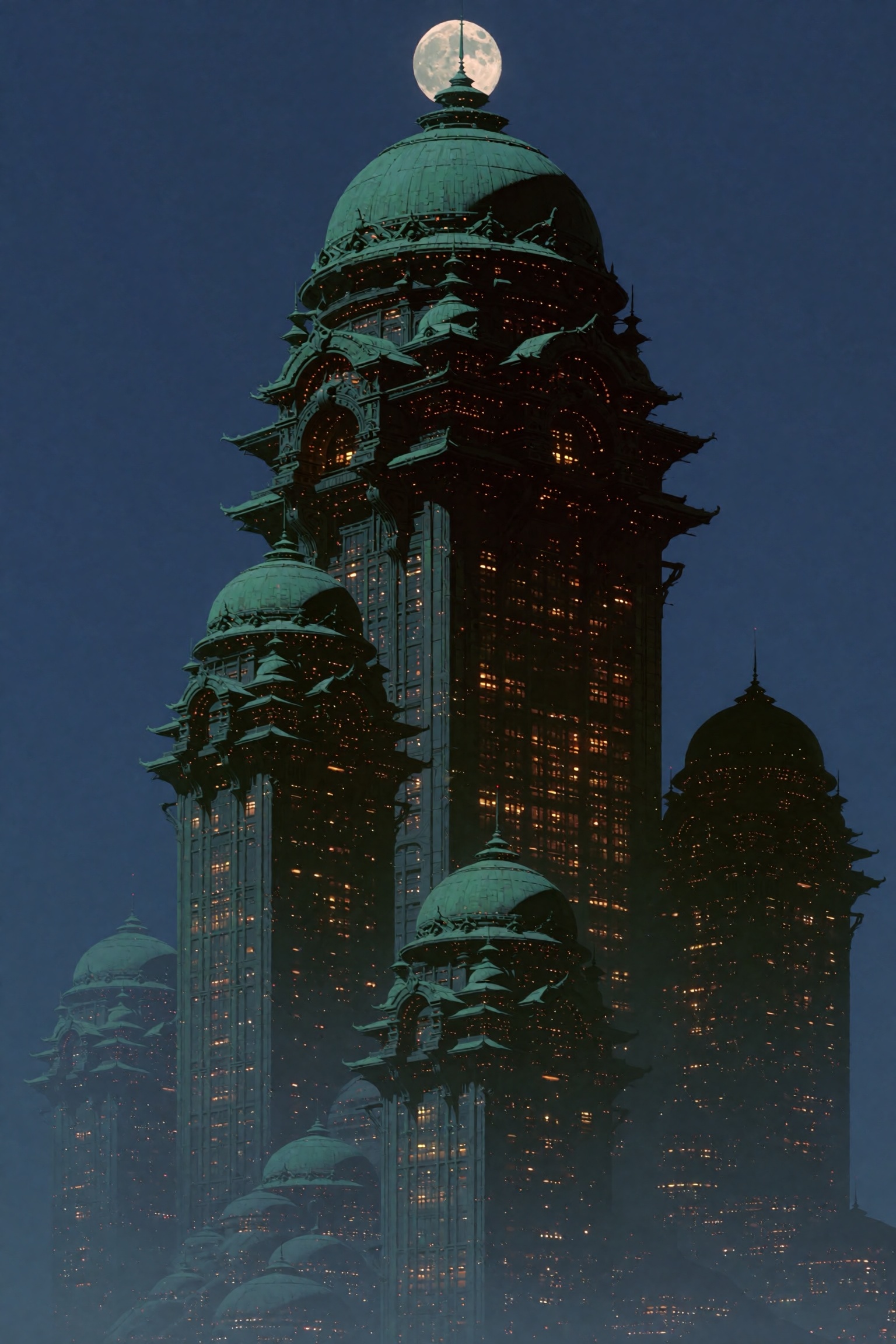 A towering cluster of colossal Art Nouveau skyscrapers rises against a deep indigo night sky,  crowned by a luminous full...