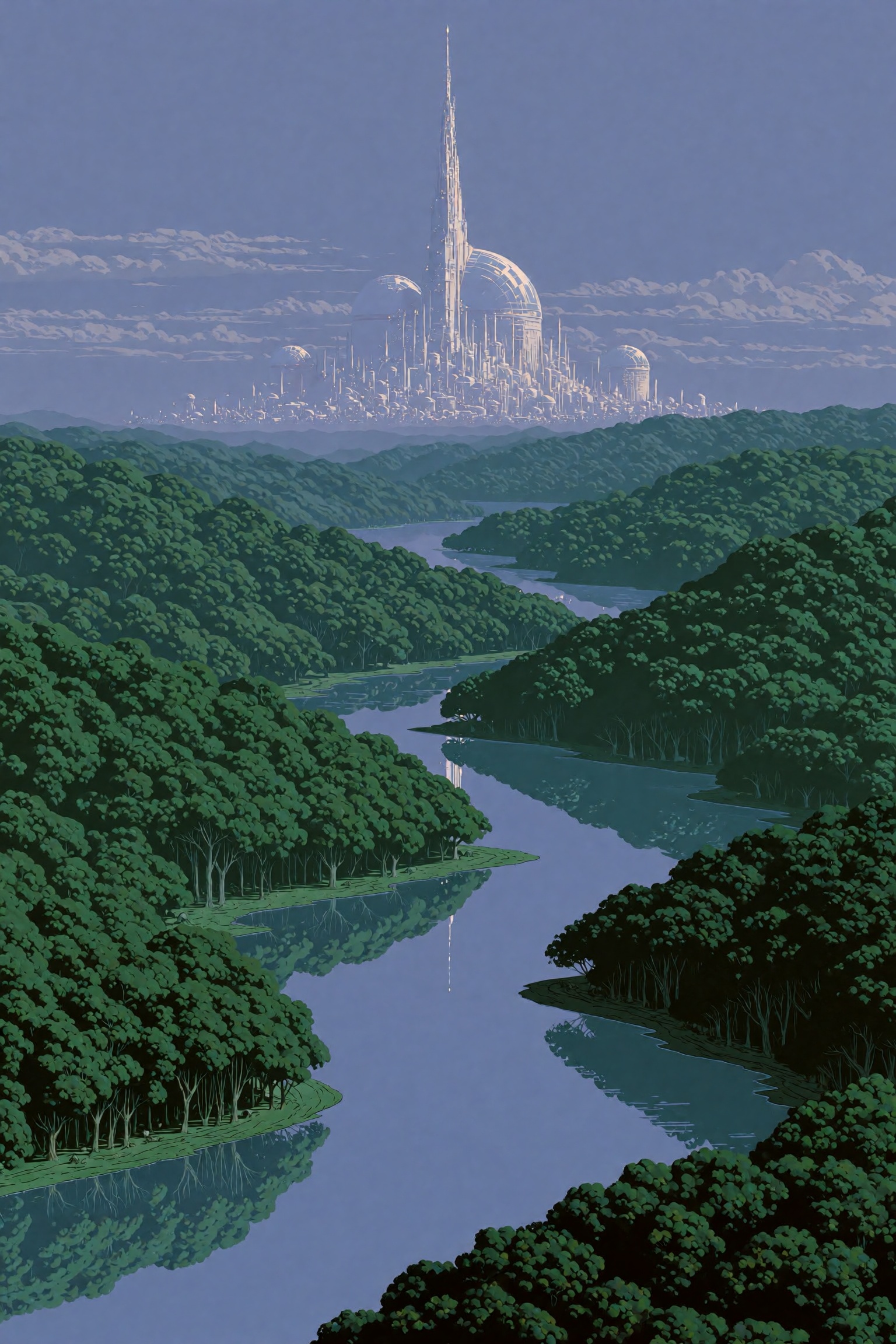 A winding river of glassy periwinkle water cuts through a lush emerald valley,  flanked by densely forested rolling hills...