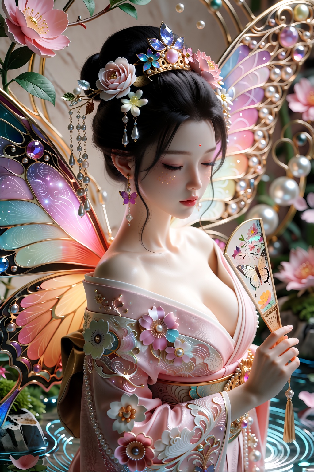 A stunning,  cinematic 3D digital render of a strikingly beautiful . She has smooth CGI porcelain skin with soft subsurfac...