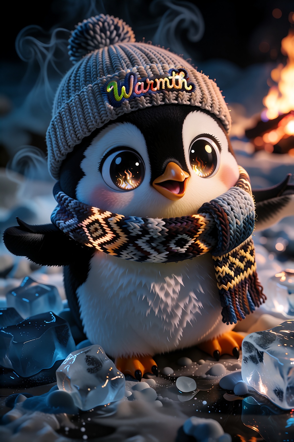 cartoon style drawing,  close-up of a penguin wearing a knitted beanie hat,  embroidered text "Warmth" on Tensor.Art