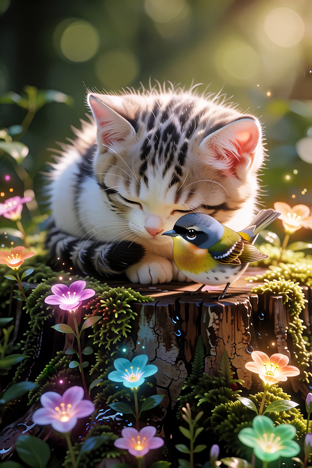 a cinematic 3D anime scene,  a large mossy stump filling the lower half of the frame,  an infant kitten curled into a perf...