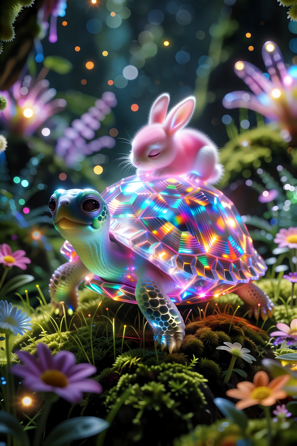 A tiny alien turtle stands amidst lush mossy grass in a vibrant alien garden,  its body emitting a soft,  ethereal glow wh...