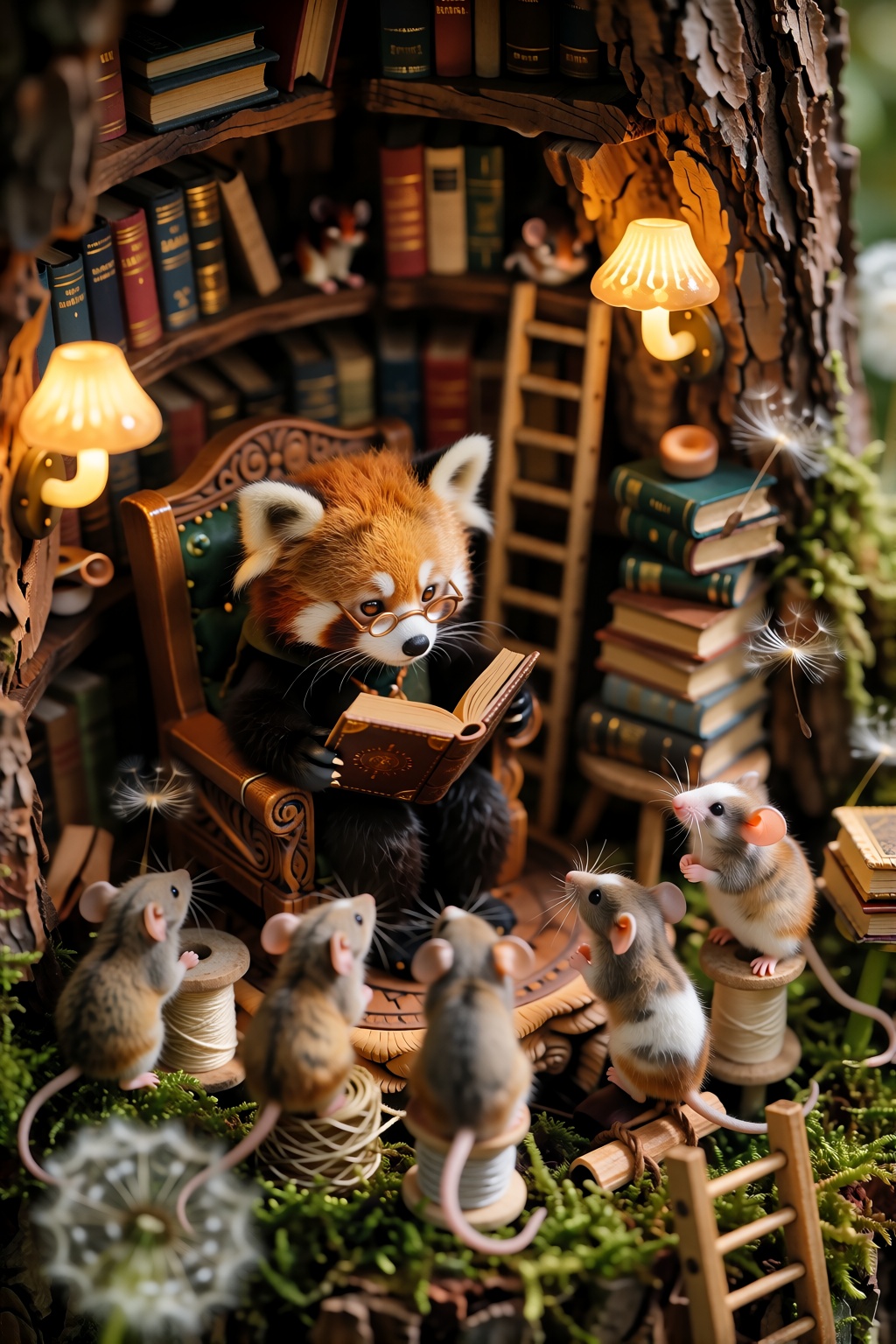 A cozy tilt-shift macro photograph taken from a steep high-angle perspective inside a hollow oak tree trunk converted into...