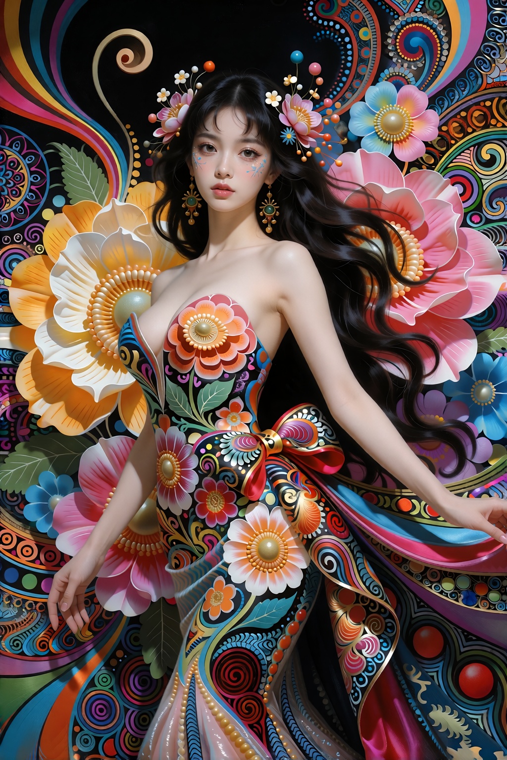 Elegant woman with dark flowing hair and floral accessories,  wearing a stunning ornate floral gown with complex patterns...