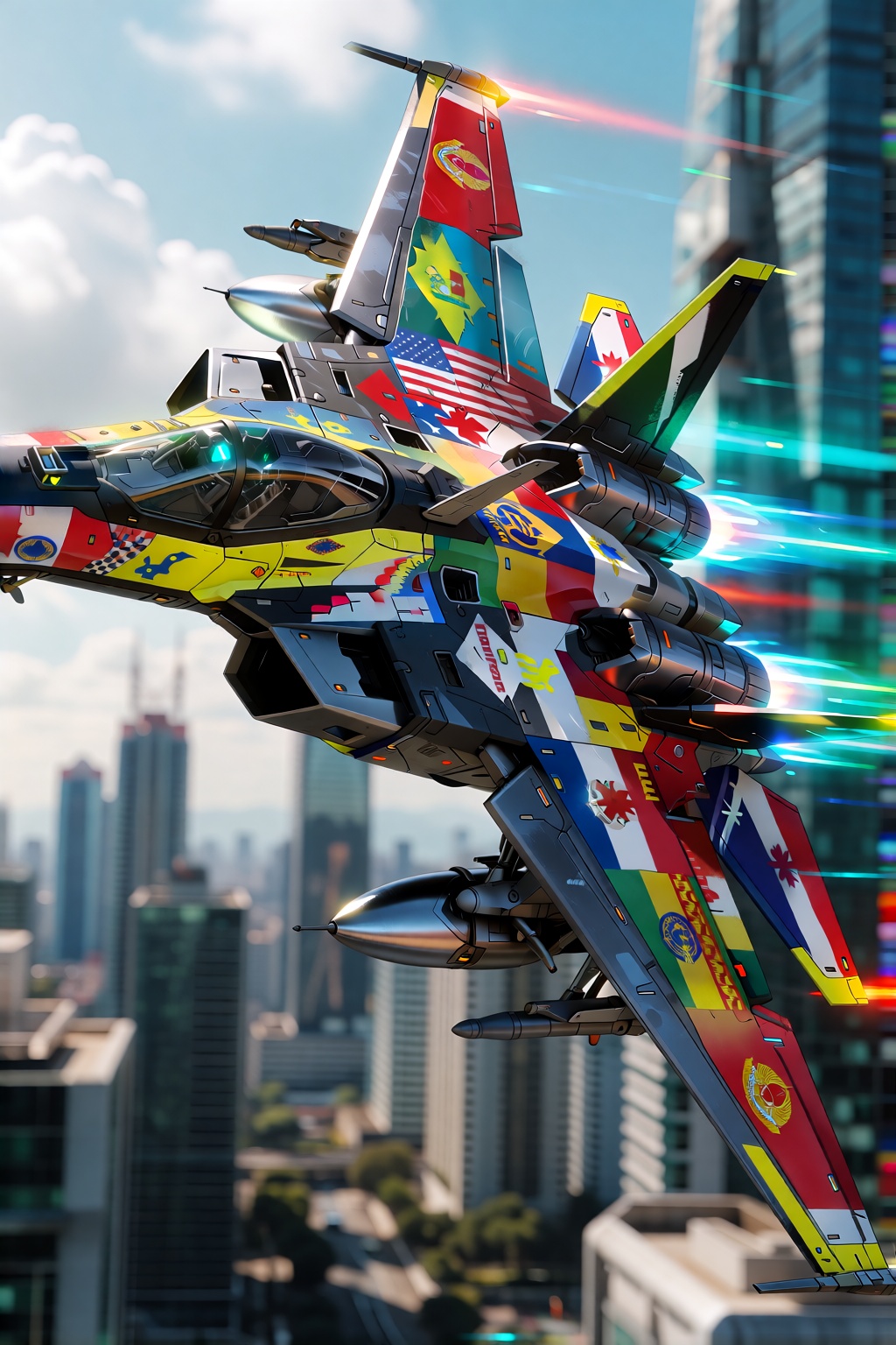 made from a patchwork of world flags,  A grand,  cinematic digital art piece featuring a futuristic sci-fi mecha fighter j...