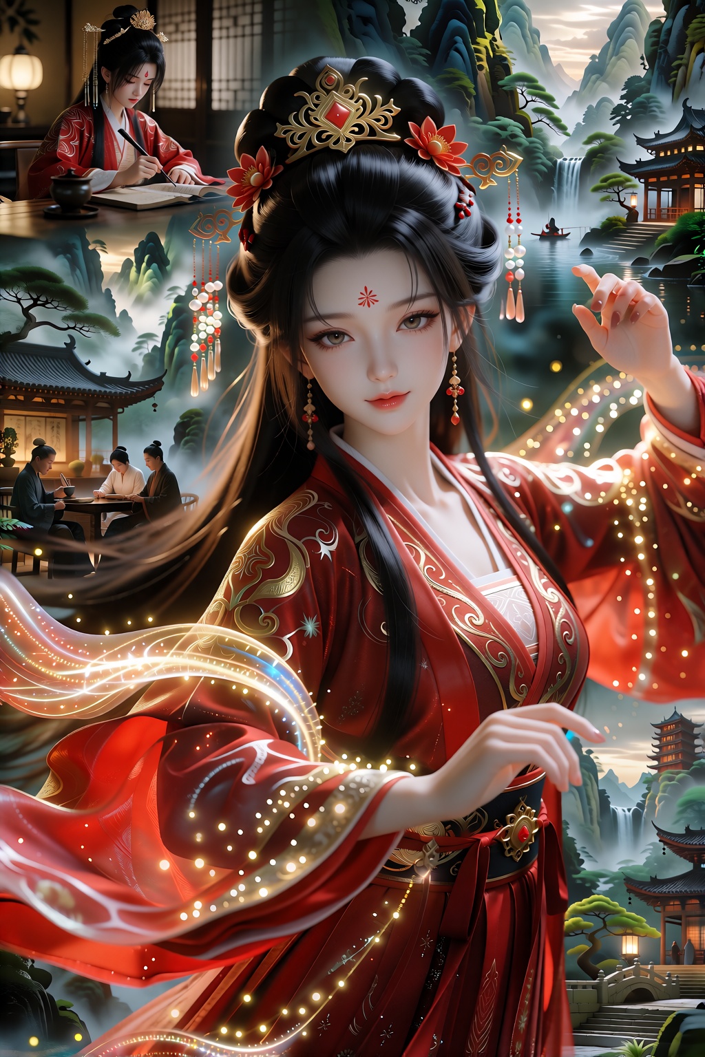 A stunning,  cinematic 3D digital render of a strikingly beautiful . She has smooth CGI porcelain skin with soft subsurfac...