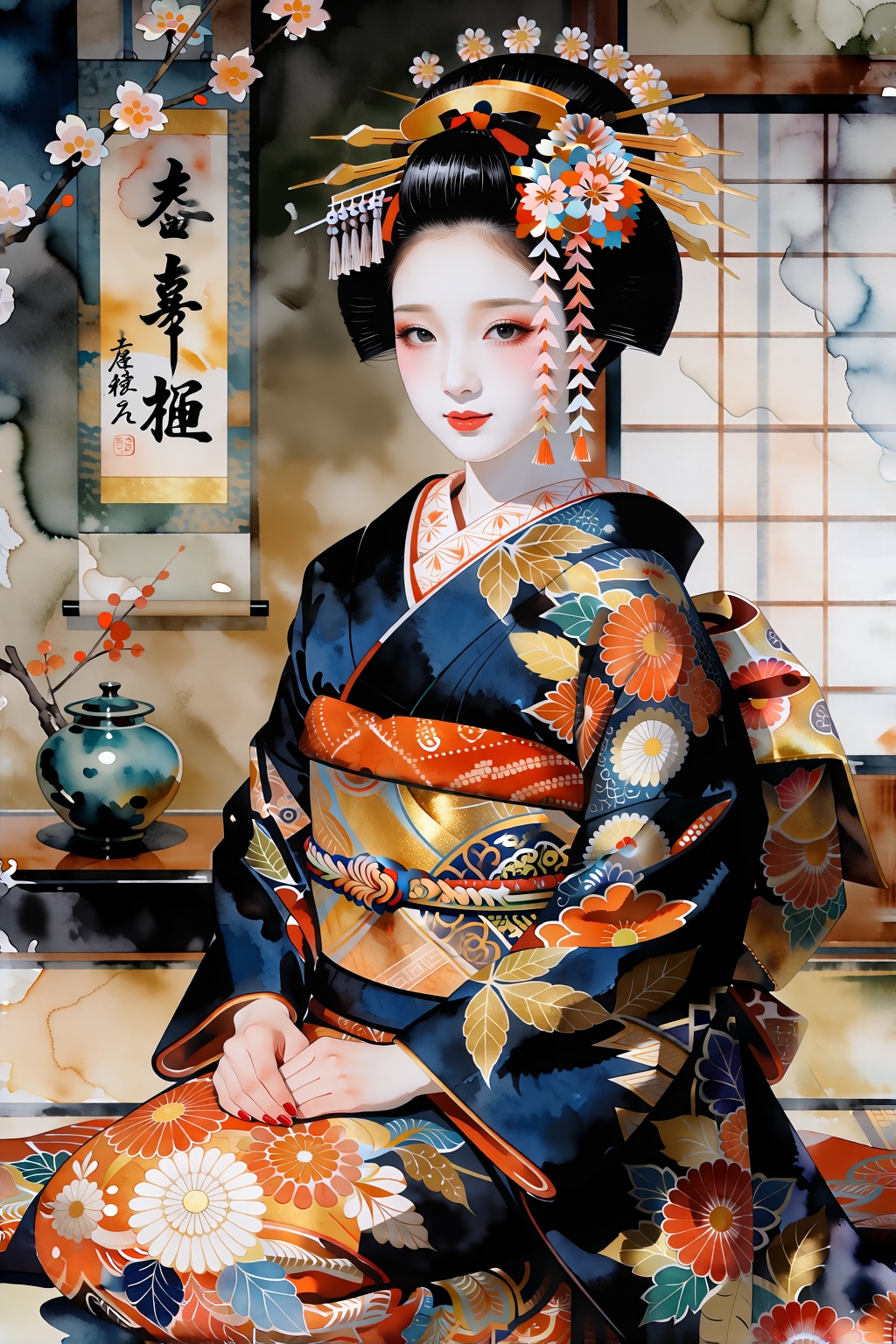 An artistic digital watercolor and ink sketch of an exquisitely beautiful young Japanese geisha or tayu sitting gracefully...