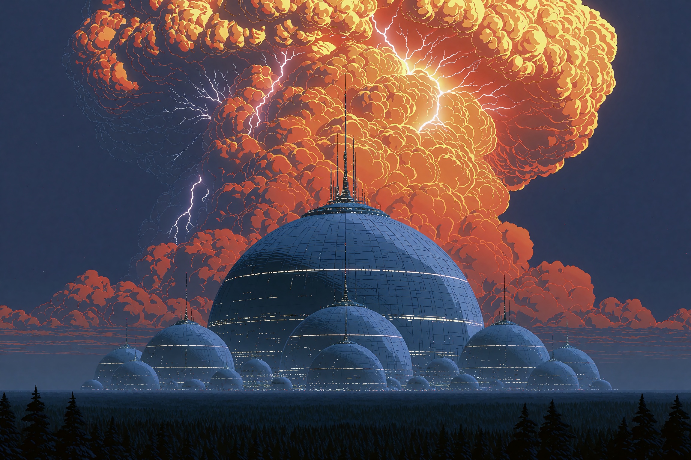 A vast futuristic installation of colossal silver-blue geodesic domes rises from a dark forested plain at twilight,  their...