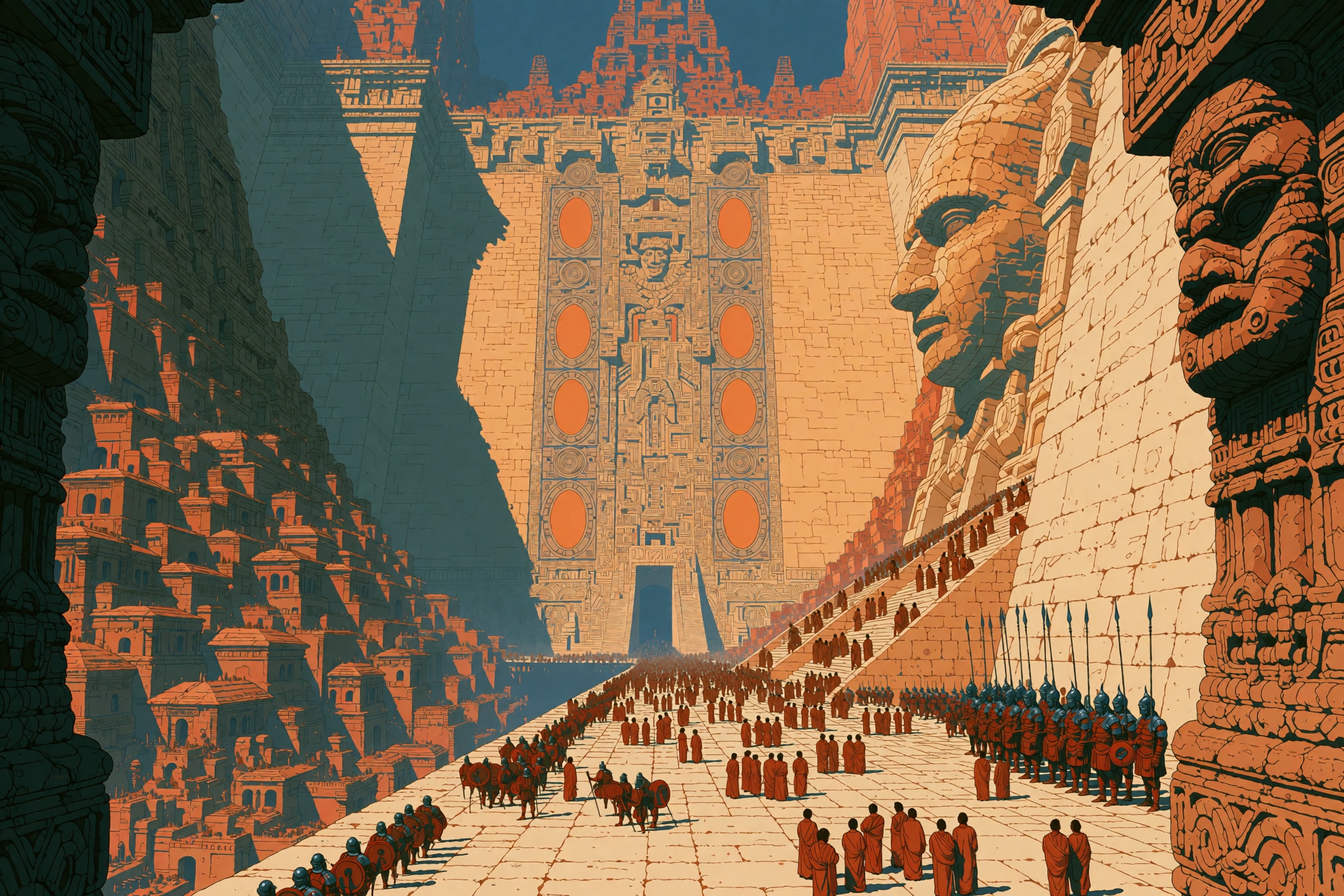 A dramatic high-angle view looking down into a vast ancient canyon-city of monumental scale,  where colossal stone temples...