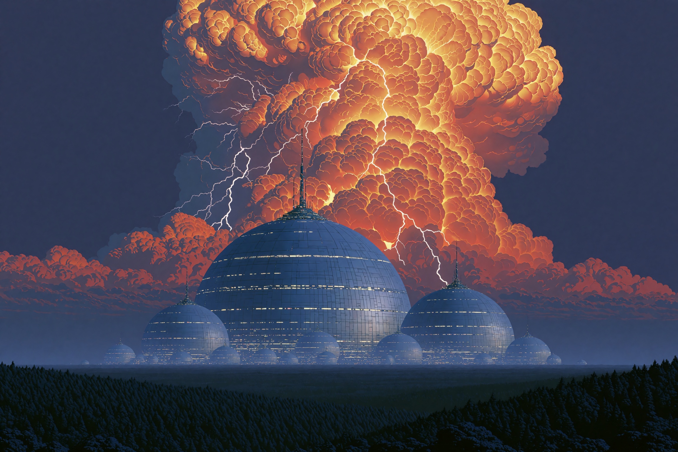 A vast futuristic installation of colossal silver-blue geodesic domes rises from a dark forested plain at twilight,  their...