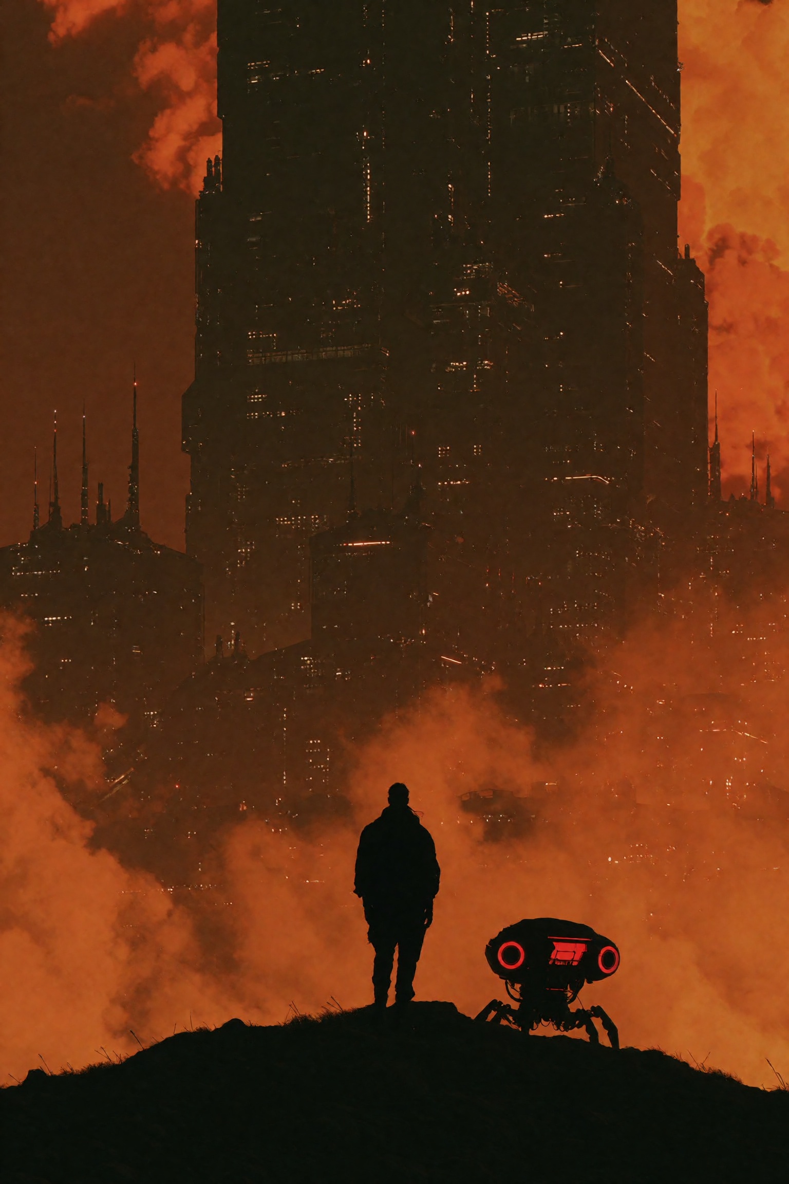 A lone silhouetted figure stands on a dark hilltop overlooking a colossal dystopian megacity,  accompanied by a small spid...