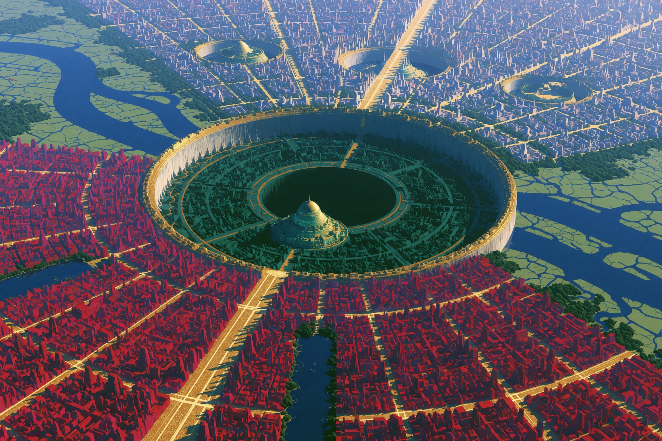 A breathtaking aerial view of a vast fantastical metropolis built around a colossal circular megastructure at its heart,...