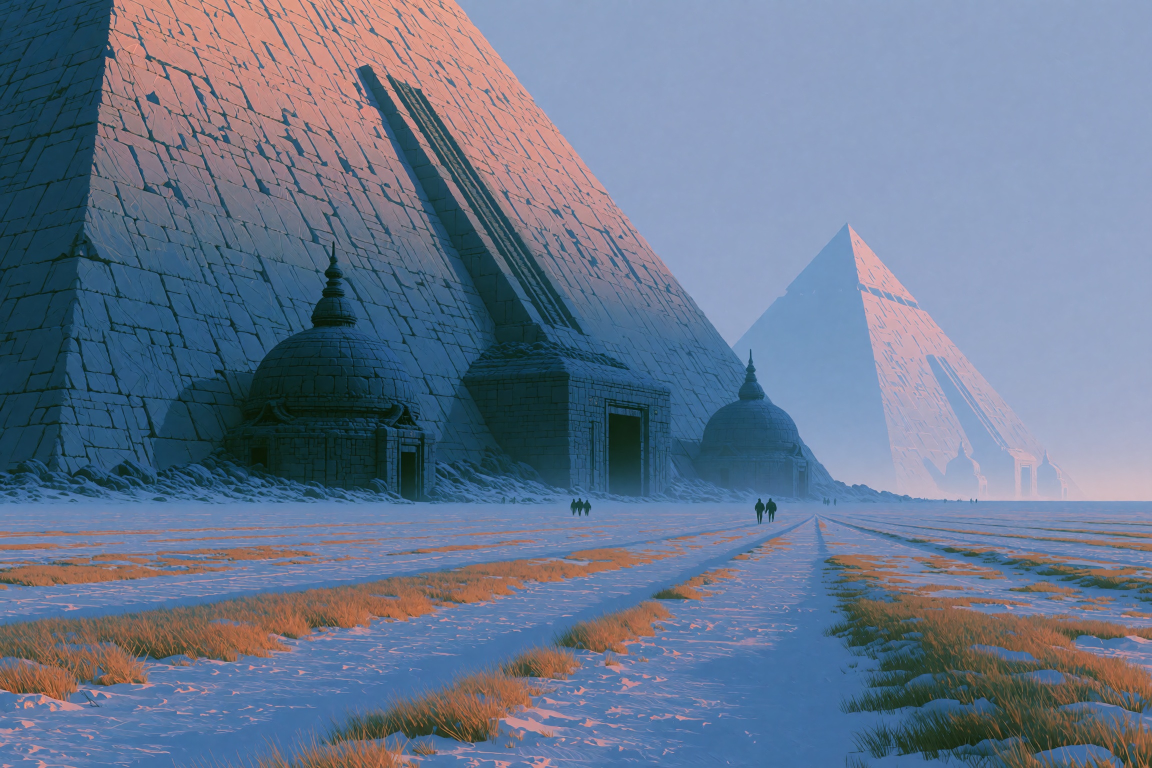 Epic retro sci-fi matte painting of colossal ancient alien pyramids rising from a vast frozen tundra plain at the blue hou...