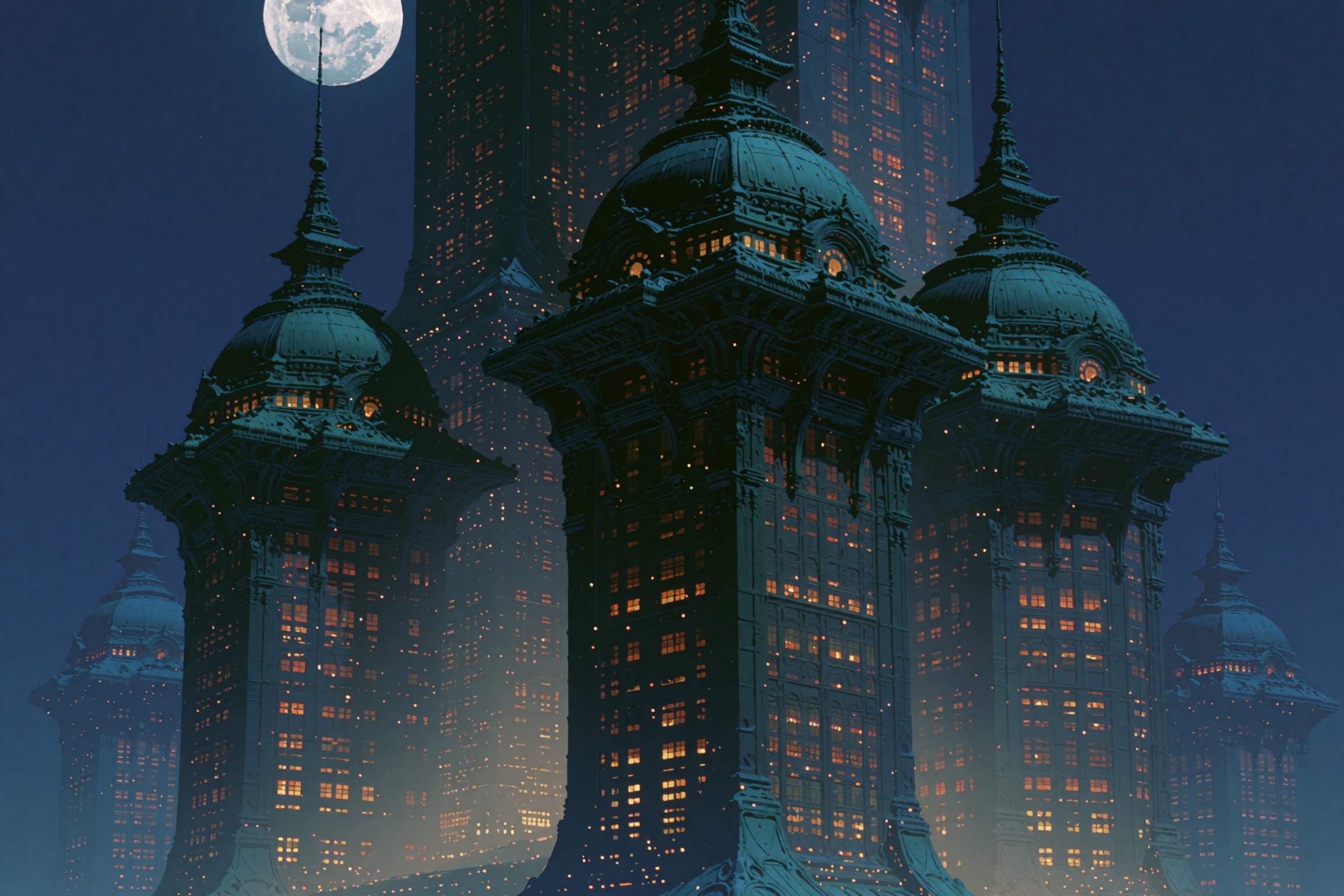 A towering cluster of colossal Art Nouveau skyscrapers rises against a deep indigo night sky,  crowned by a luminous full...