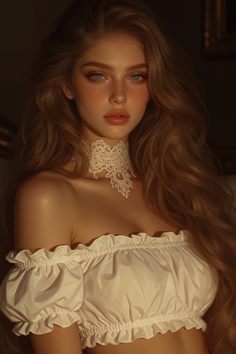 cinematic portrait of a stunning young woman with voluminous,  long hair cascading down her shoulders. She has striking bl...