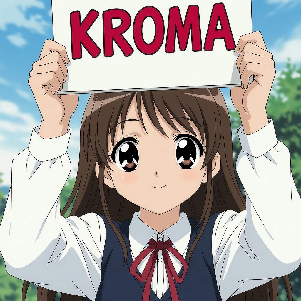 In the style of 2000s anime,  depicting a girl with large eyes and school uniform holding up a sign that says "KROMA". on...
