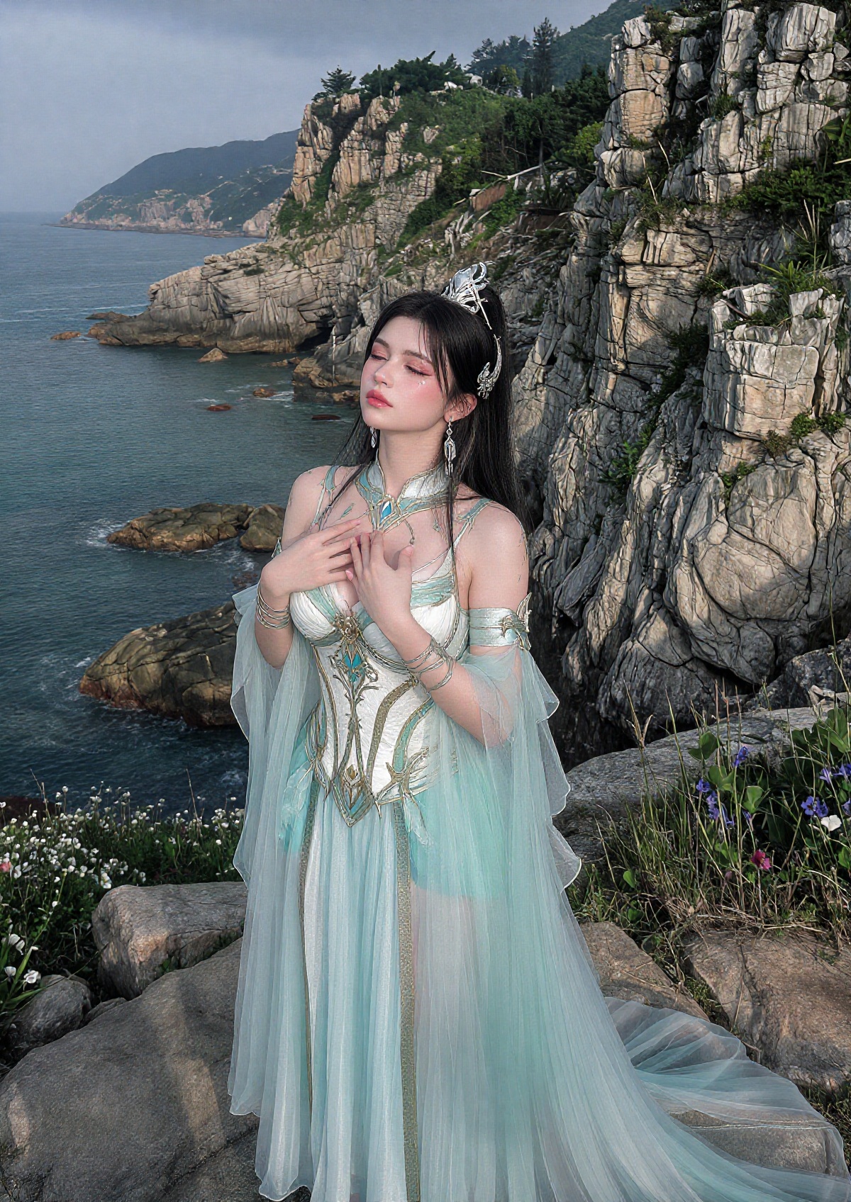 A regal queen stands poised on a cliff edge,  holding both hands near her chest in a gentle gesture of wonder,  with long...
