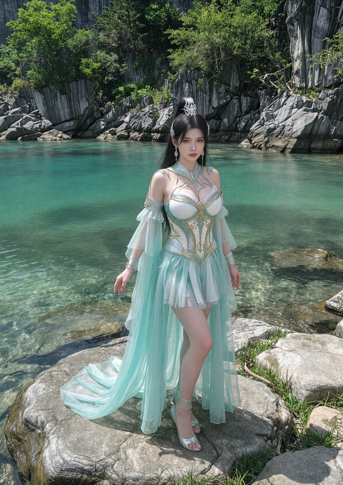A regal queen stands gracefully on a smooth,  flat rock overlooking a crystal-clear turquoise lagoon,  with long black hai...