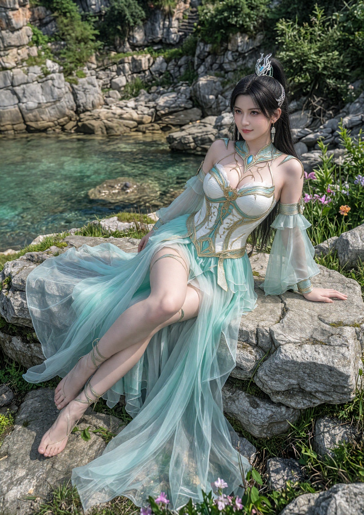 A regal queen reclines sideways on a smooth limestone shelf,  with long black hair styled in a half-up ponytail secured by...