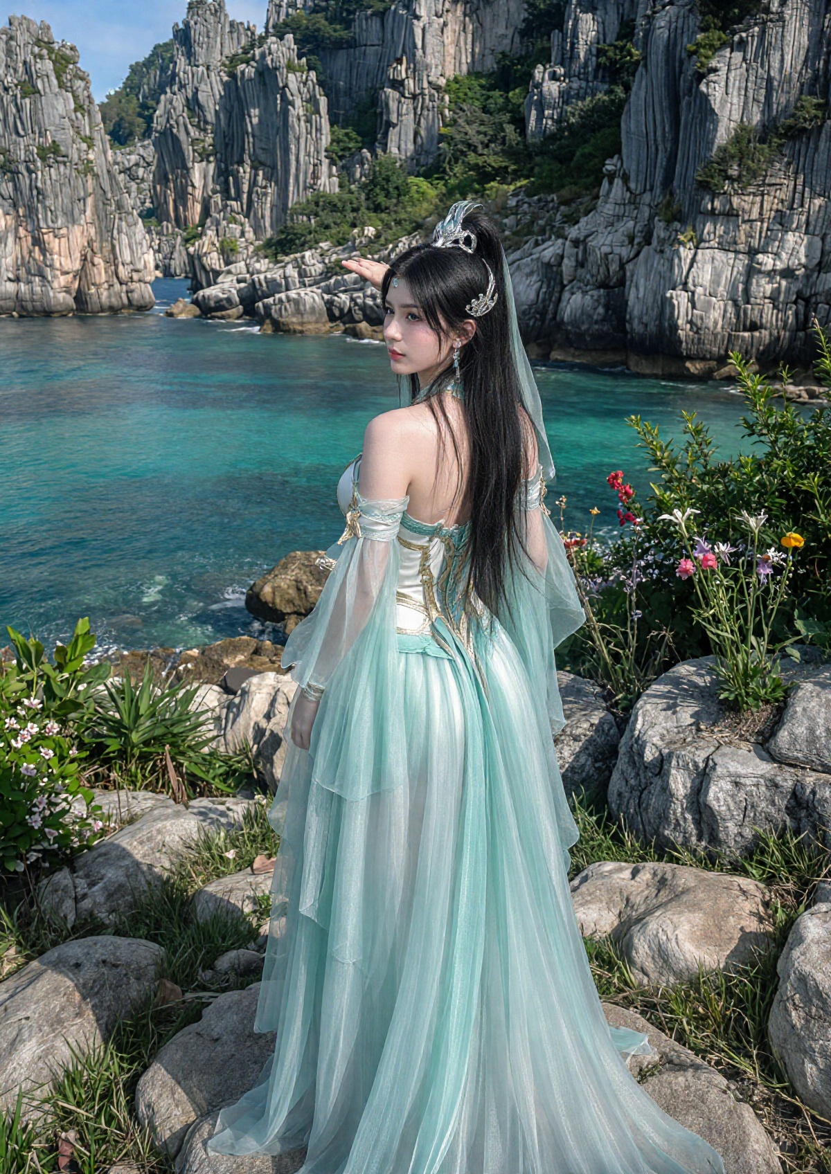 A regal queen stands with her back partially turned toward the view,  turning her head back over her shoulder,  with long...