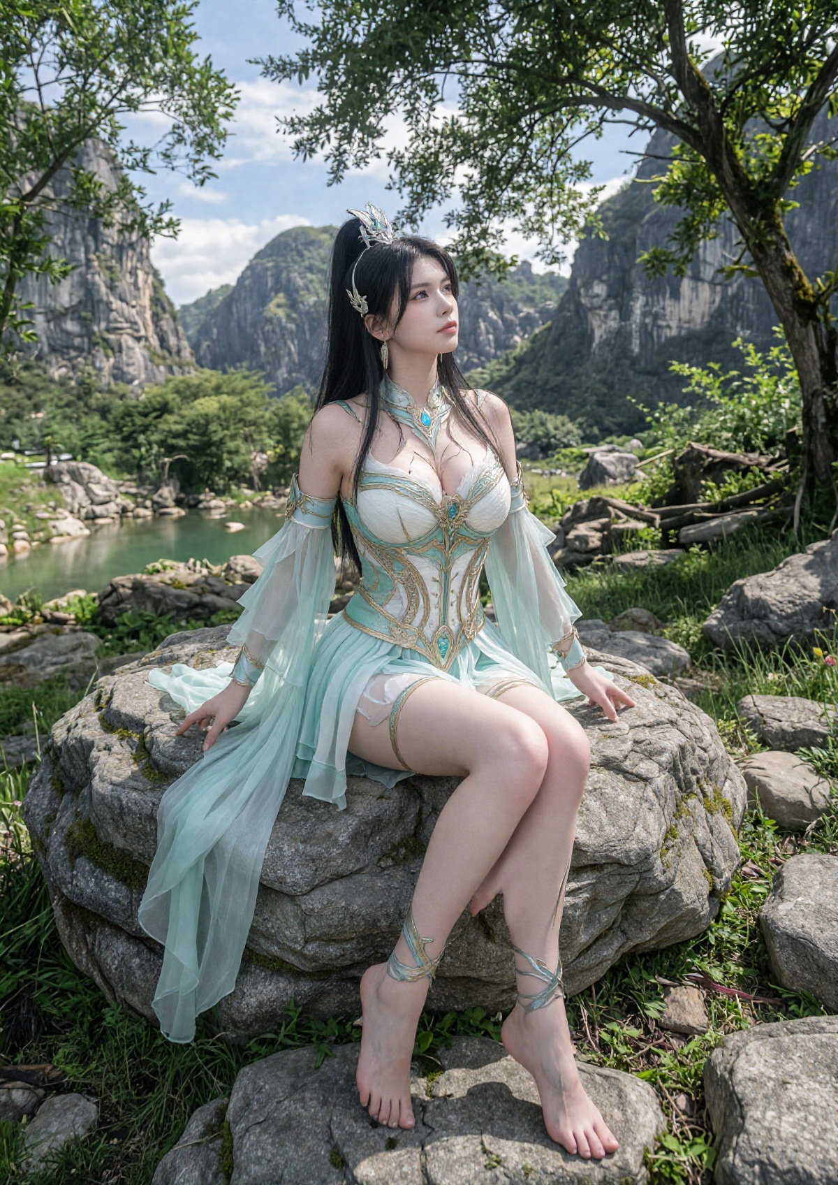 A regal queen sits cross-legged atop a elevated mossy boulder,  with long black hair styled in a half-up ponytail secured...
