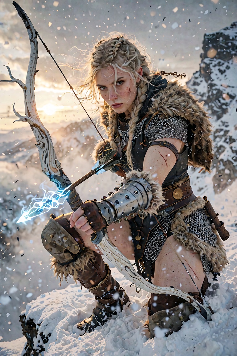 God-tier,  hyper-detailed 3D cinematic character render of a fierce blonde female archer from a mythical Nordic tribe,  ca...