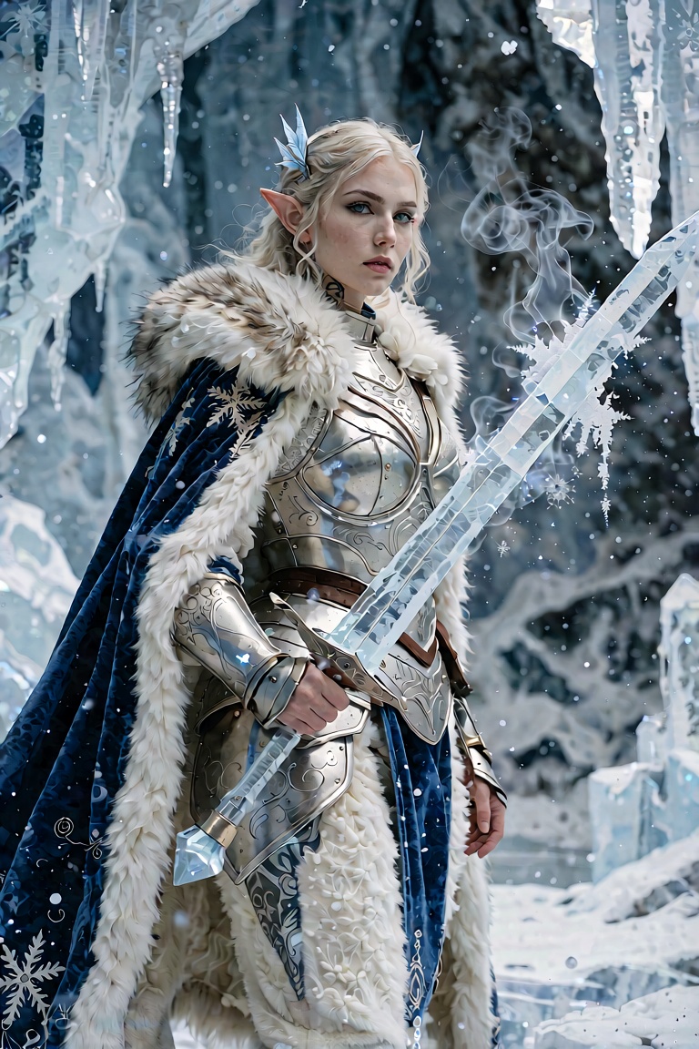 An absolute masterpiece of hyper-detailed cinematic photography capturing a full-body portrait of a majestic silver-haired...